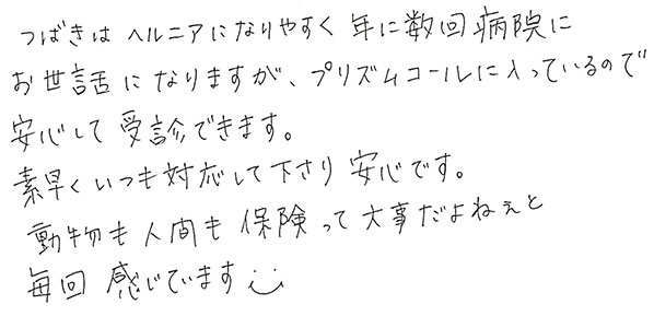 つばきはヘルニアになりやすく年に数回病院にお世話になりますが、プリズムコールに入っているので安心して受診できます。
                  素早くいつも対応して下さり安心です。
                  動物も人間も保険って大事だよねぇと毎回感じています。